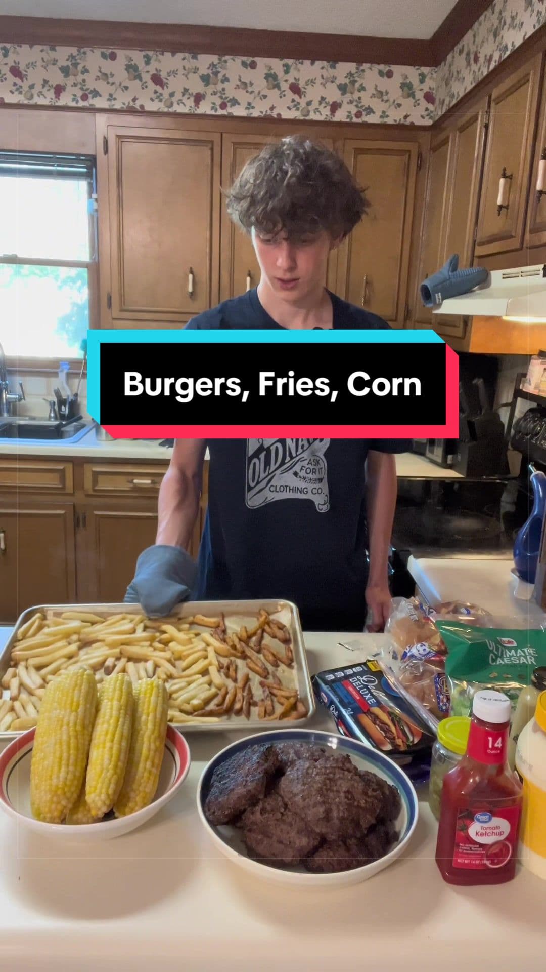 @chefjoeycharney — Cooking dinner for my family: Burgers, Fries, Corn 