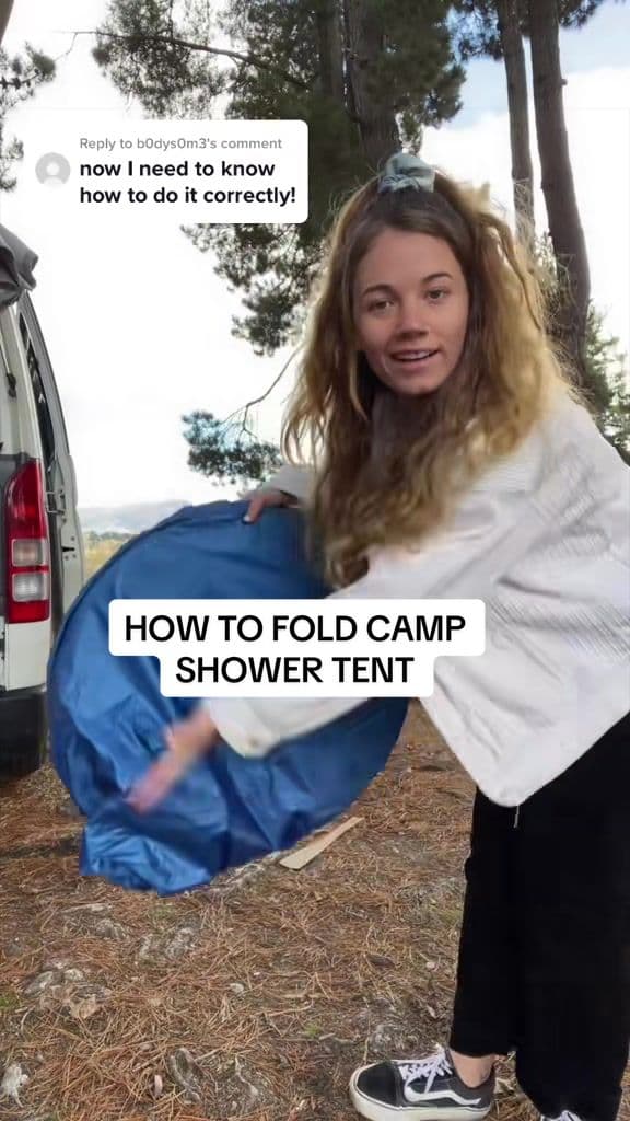 @peachy_violett2.0 — How to fold a camping shower tent 🙂‍↕️😎 #newzealand #vanlife #nz #tutorial #camping 