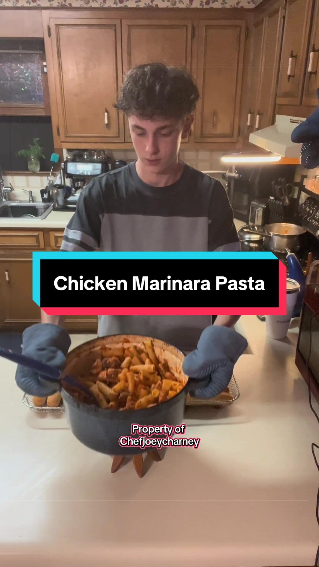 @chefjoeycharney — Cooking dinner for my family: Chicken marinara pasta with garlic breadsticks. 