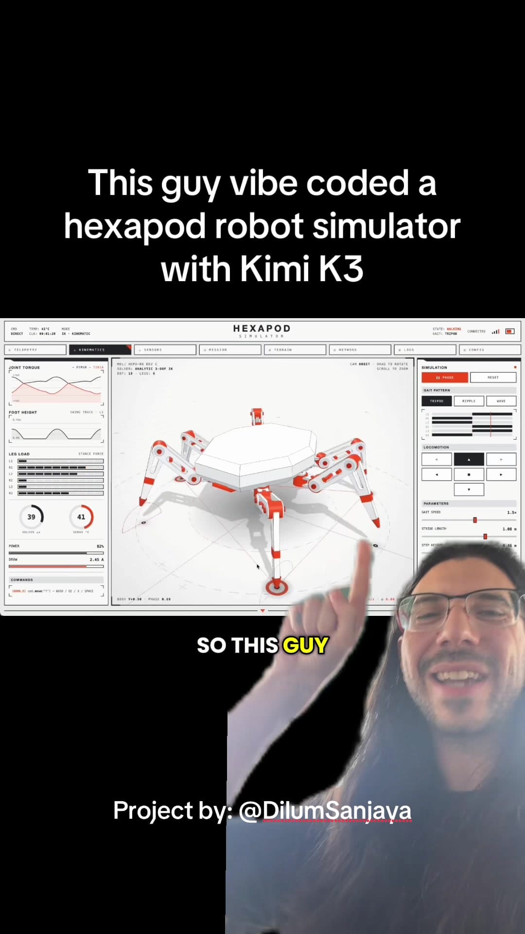 @whitewhoadie — This guy vibe coded a hexapod robot simulator with Kimi K3