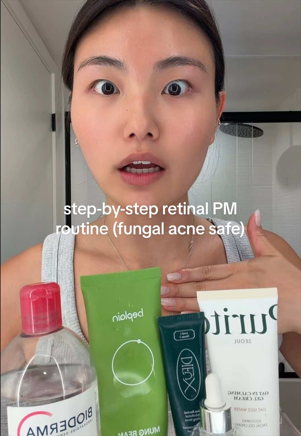 @ginaseooo — all products are fungal acne safe! @BIODERMA USA micellar water, @beplain.shop mung bean cleanser, @dieux firm revival retinal 0.05%, @IUNIK beta glucan serum, @PURITO SEOUL oat in calming gel cream, 