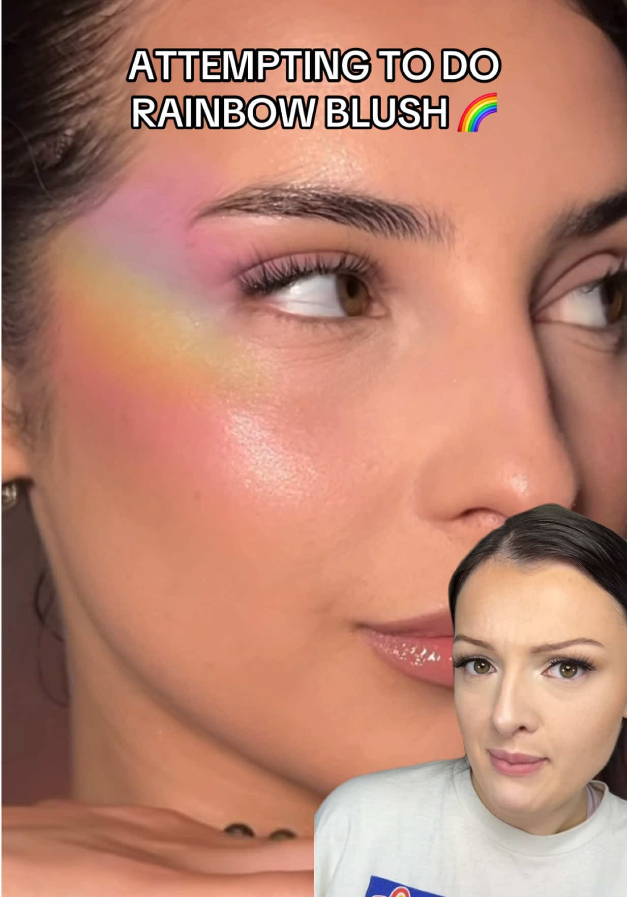 @alyrosemakeup — ATTEMPTING TO DO RAINBOW BLUSH! 🌈 I really loved doing this trend! credit cvika.mu on ig. Products: @PLOUISE Base & Eyeshadow @Rare Beauty highlighter shade enlighten @DanessaMyricksBeauty setting sp