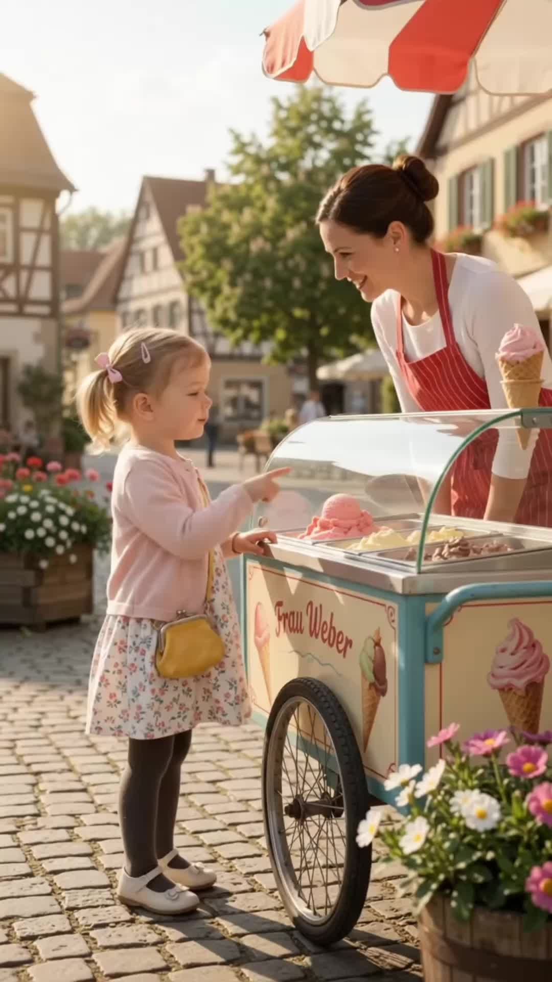 @languagelearning08 — Toddler girl buying pink strawberry ice cream in Germany! 🍦🌸🇩🇪 Watch little Lina order rosa Erdbeereis from vendor Frau Weber, ask the price, and pay with her coin! Practice practical A1 German sh