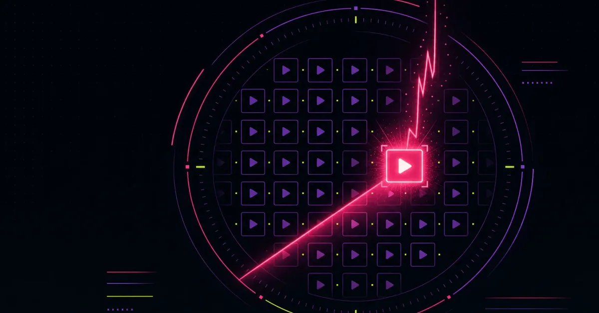 A radar dial sweeping a grid of muted video tiles and locking onto one glowing pink tile spiking upward