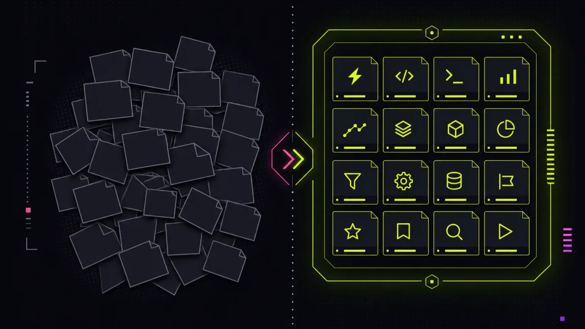 A chaotic heap of blank unlabeled file tiles on the left versus an organized acid-lime grid of distinct labeled file icons