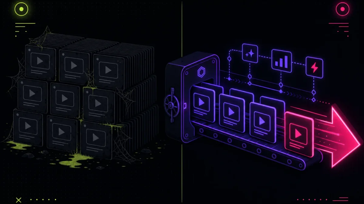 A dusty cobwebbed stack of unused clips on the left versus a vault feeding video cards along a conveyor into a shipped arrow