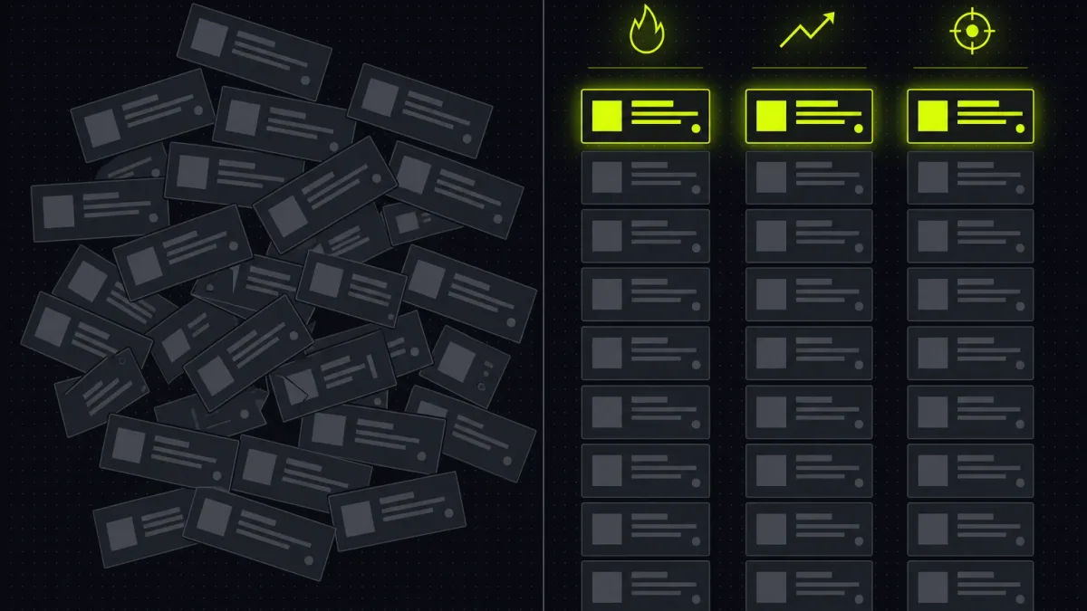 A disordered pile of dim video cards on the left resolving into three neat columns with glowing top picks on the right