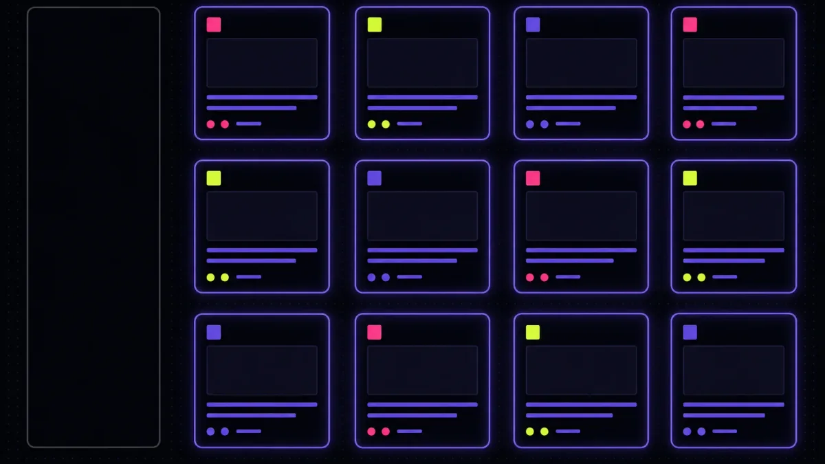 One empty grey column beside a four-by-three grid of glowing violet idea cards each tagged with a colored corner square