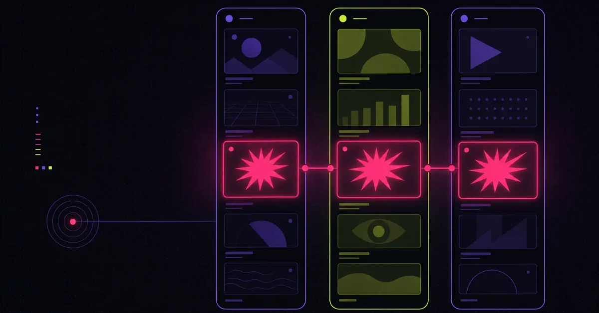 Three vertical phone panels of stacked content tiles, each lighting the same hot-pink starburst tile linked across surfaces