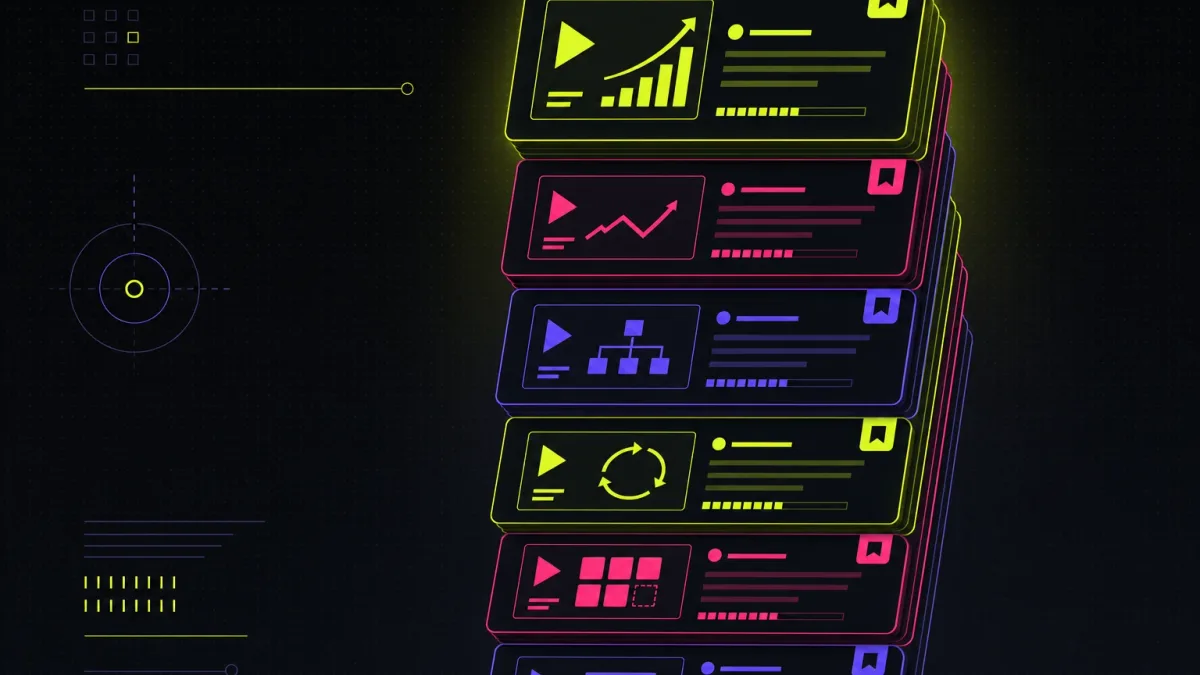 An offset stack of saved structure cards glowing in neon, each with a chart, loop, or funnel icon and a corner bookmark tag