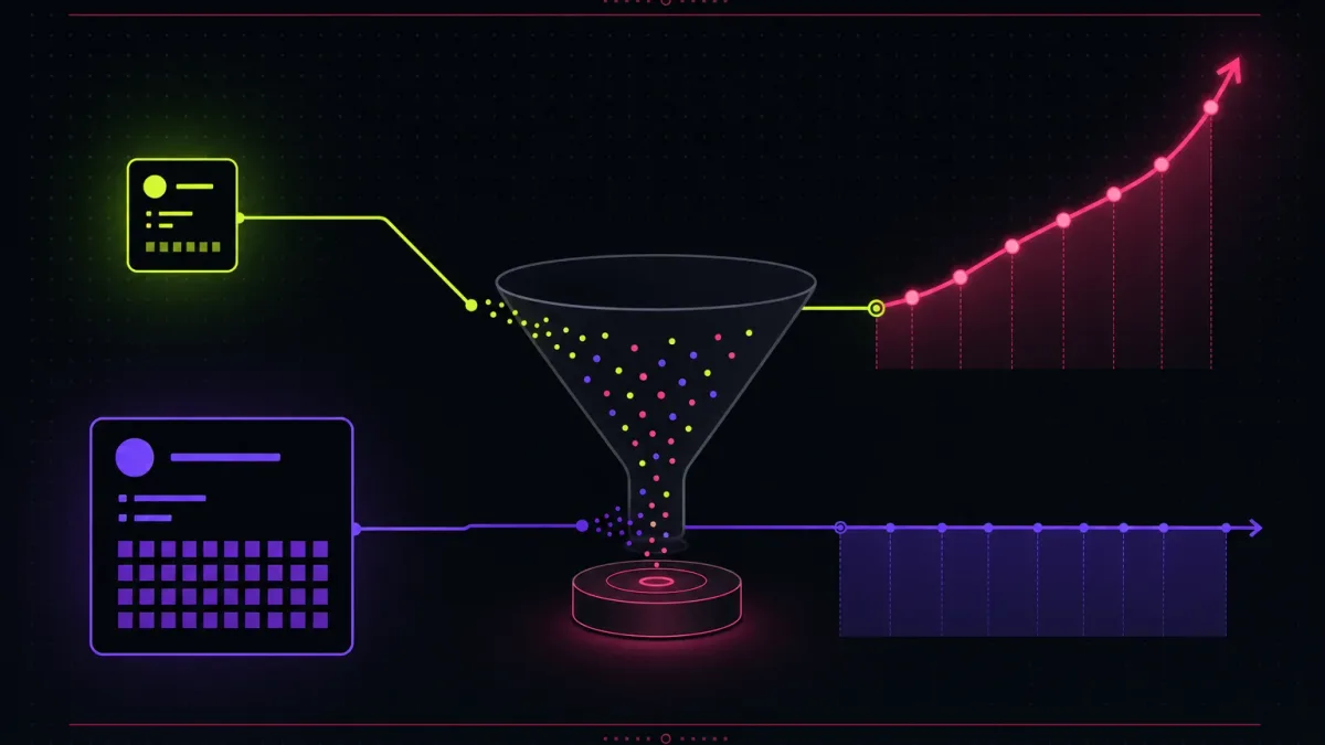 Two accounts feed one funnel test pool; the small account exits on a rising retention curve while the large one stays flat