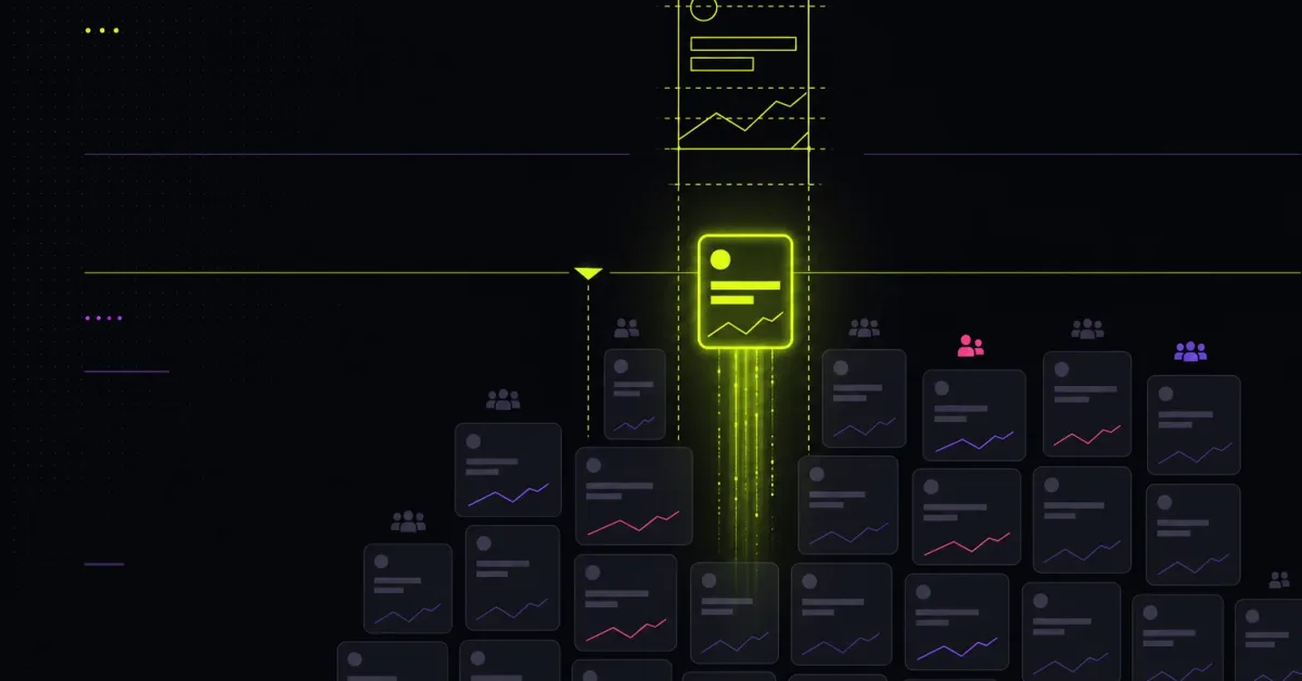 A small lime tile rising past a threshold onto the feed, matched to a wireframe skeleton, above a wall of dim content tiles