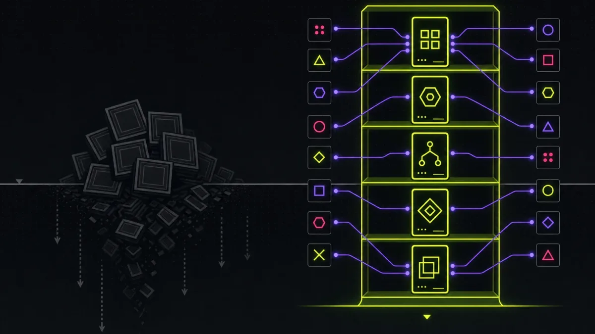 Identical grey clones sink below a line while a lit shelf of distinct skeletons wires out to many different subjects