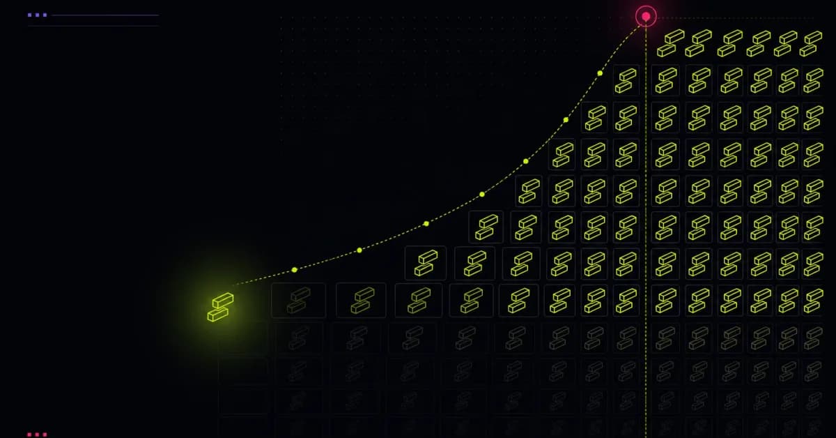 One glowing lime video skeleton multiplying into a dense grid along a rising dotted curve that ends at a pink marker