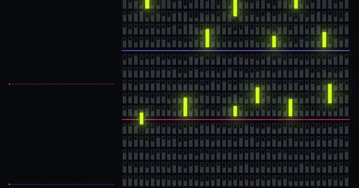 A dense grid of dim video cards crossed by violet and pink baseline rules, with a scattered few glowing acid lime above them
