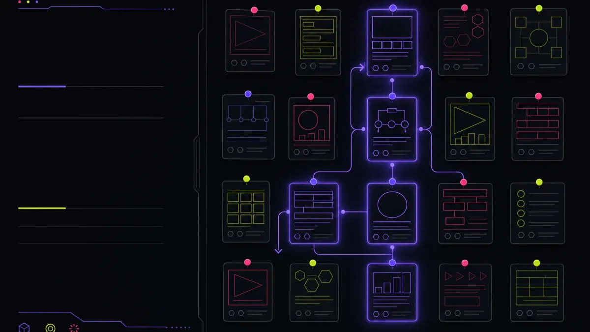 A grid of pinned video-structure cards, several joined by glowing violet links into a branching loop like a swipe board