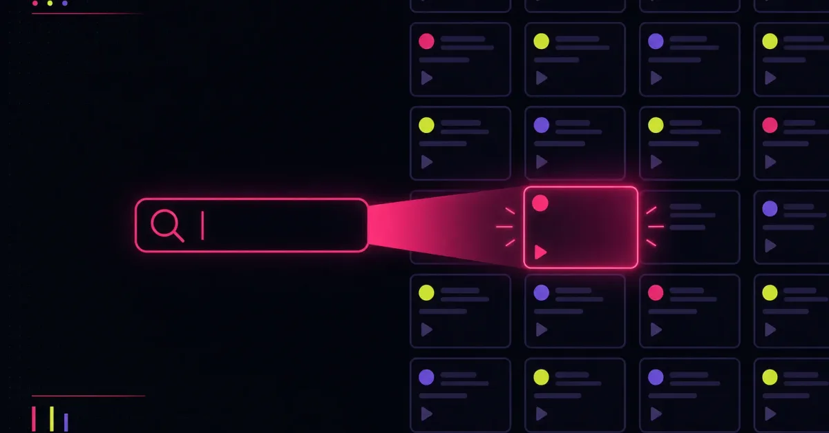 A neon search bar casts a pink beam onto one highlighted video tile inside a grid of dim crowded tiles