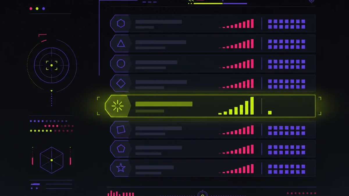 A dark dashboard of topic rows with pink demand bars, one row glowing acid lime with tall demand and almost no supply blocks