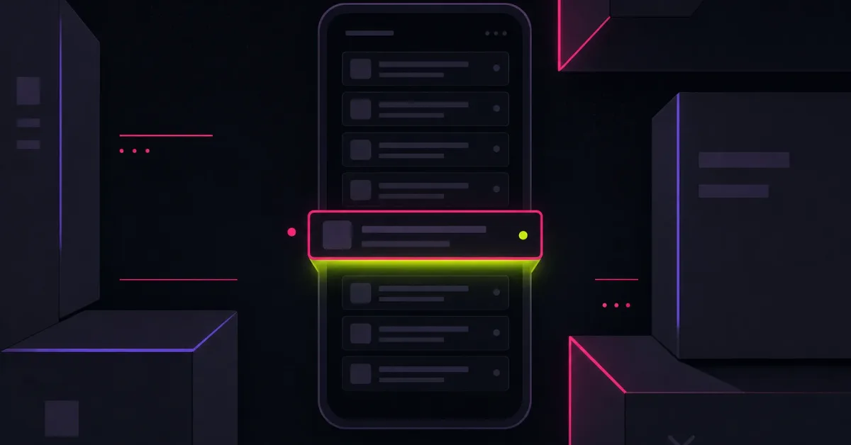 A phone panel of dim query rows with one row lifted, outlined hot pink and lit from beneath, while big blocks crowd the edges