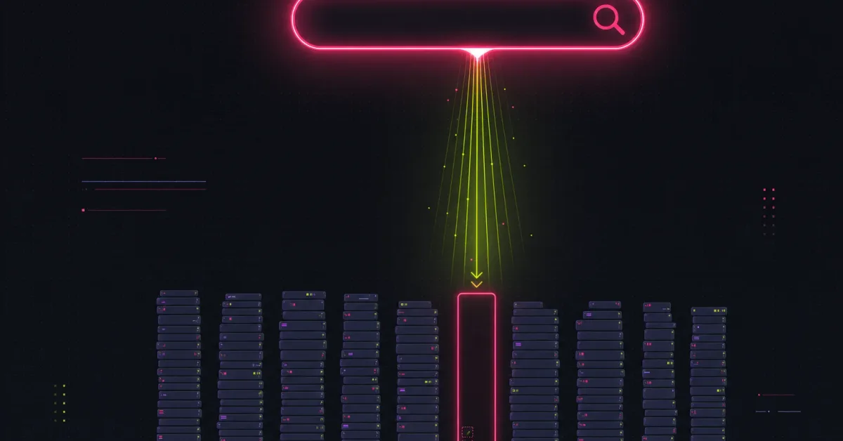A glowing search bar beams down onto dense stacks of competing videos, with one slot outlined bright pink and left empty