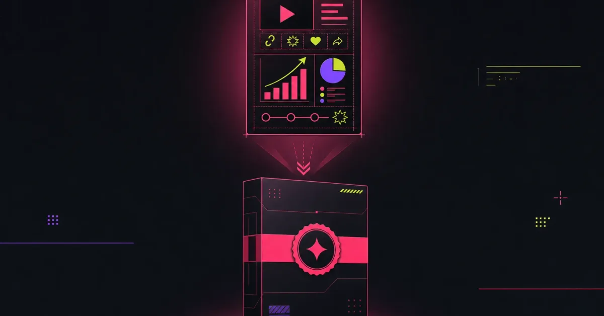 A glowing neon video analytics panel feeding bar chart and engagement data down into a sealed product box with a badge