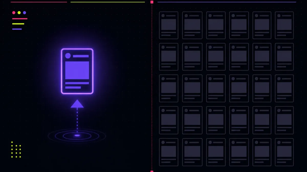 One bright video card lifted above an arrow on the left, beside a dense grid of identical dim cards on the right