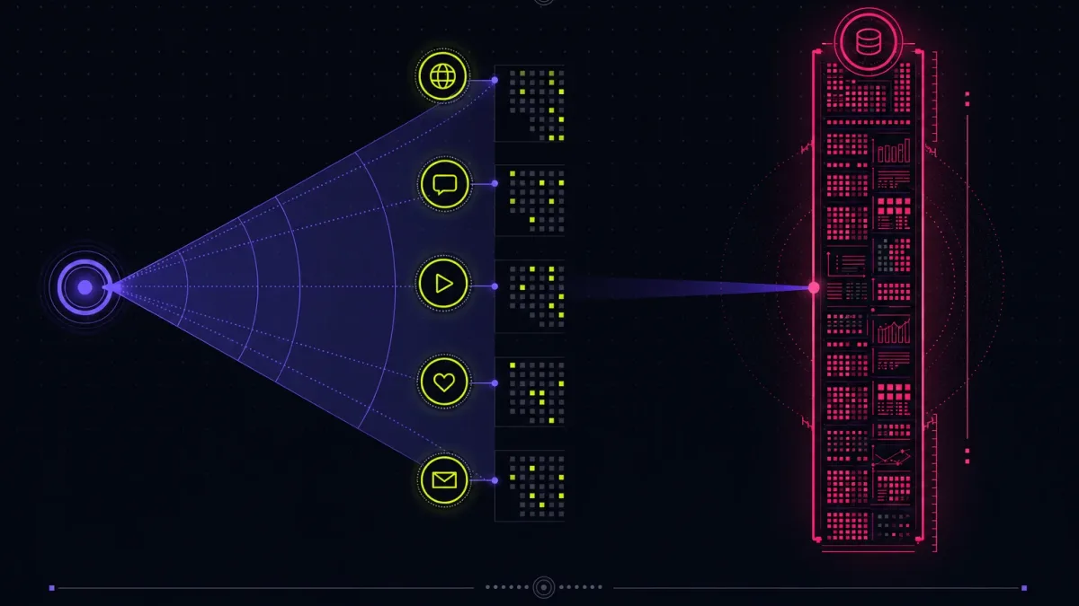 A violet sweep fans thin across five sparse platform panels while one dense hot-pink data column is scanned in detail