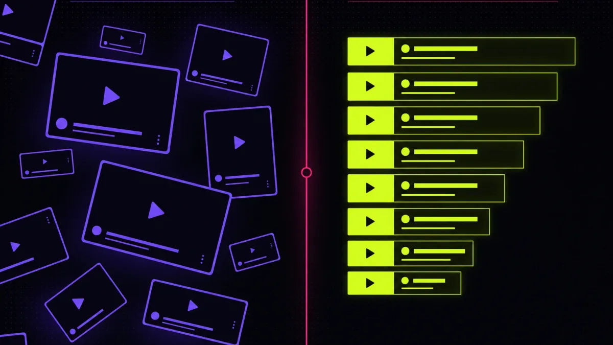 Scattered tilted violet video cards on the left versus a neat lime column of bars descending in rank order on the right