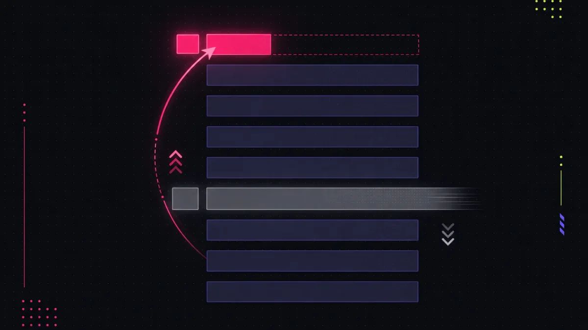 A small pink bar arcs up a curved trail into the top slot while a long grey bar slides down past it in the list