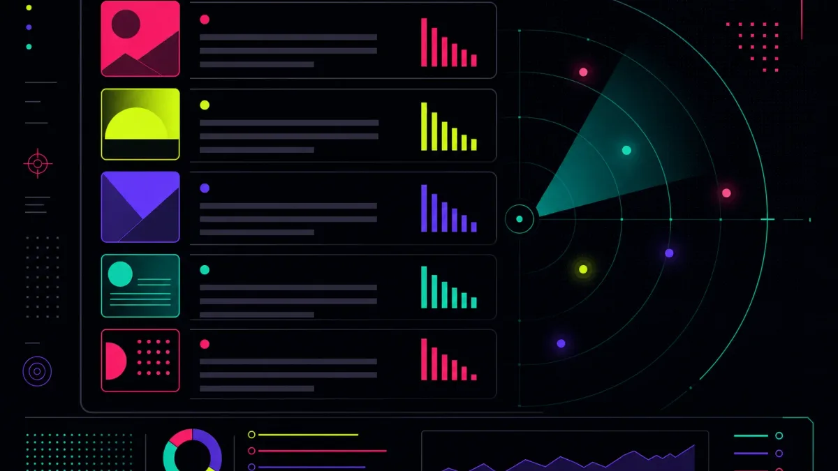 A dark panel of stacked web-article rows with small share-count bars and a faint monitoring-radar arc