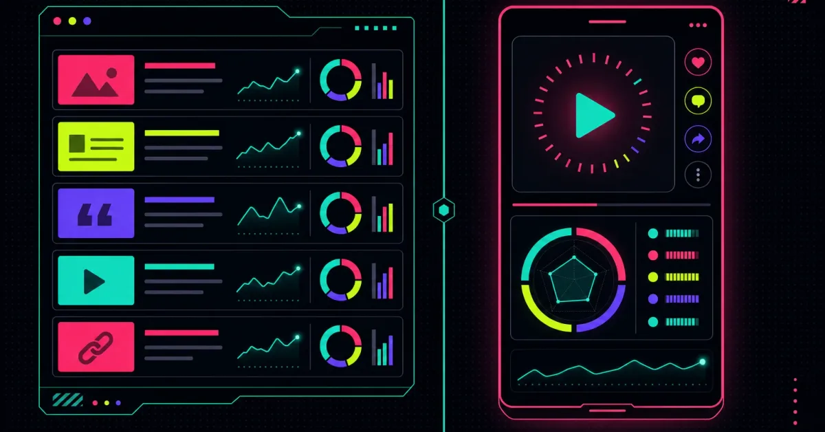 A split frame contrasting a web-article analytics dashboard against a vertical TikTok outlier-score card on a dark background