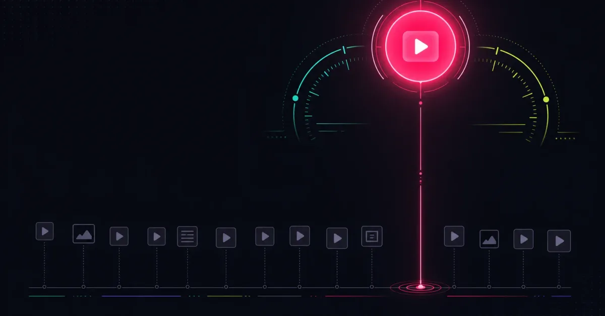 A single bright glowing video node breaking far above a flat dim baseline of ordinary posts, with two faint gauge arcs behind it