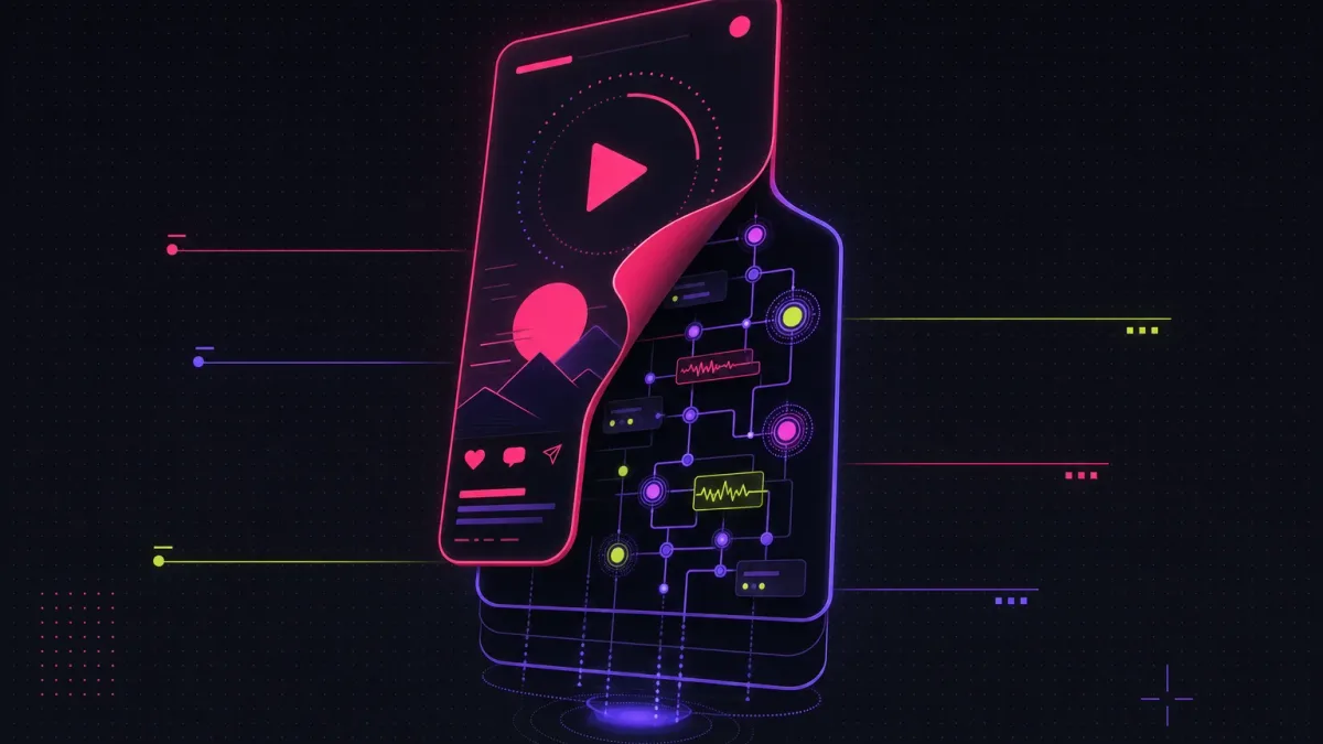 Split panel comparing a video's visible surface layer against the hidden structural beats that drive retention