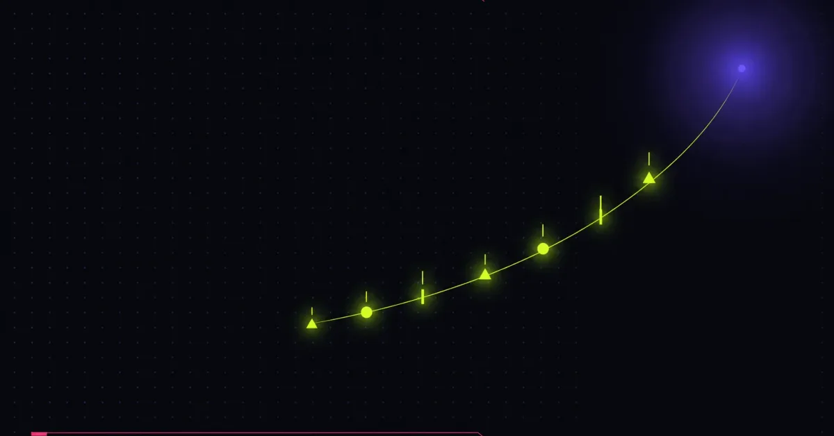 Seven small lime markers glow in sequence along a thin rising line while a distant violet bloom waits far ahead