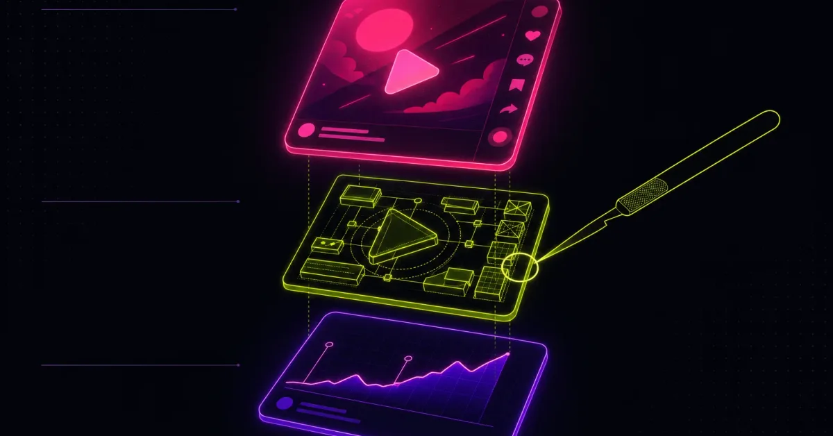 A neon video card explodes into three slices: a pink surface, a lime wireframe skeleton probed by a scalpel, a violet graph