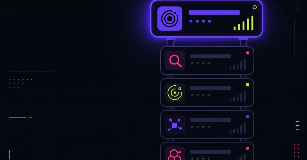 A ranked stack of abstract tool tiles with the top tile glowing brightest above the dimmer ones below it