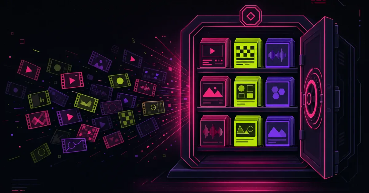 Loose scattered video clips on the left drift into an open glowing vault whose shelves hold neatly organized content cards