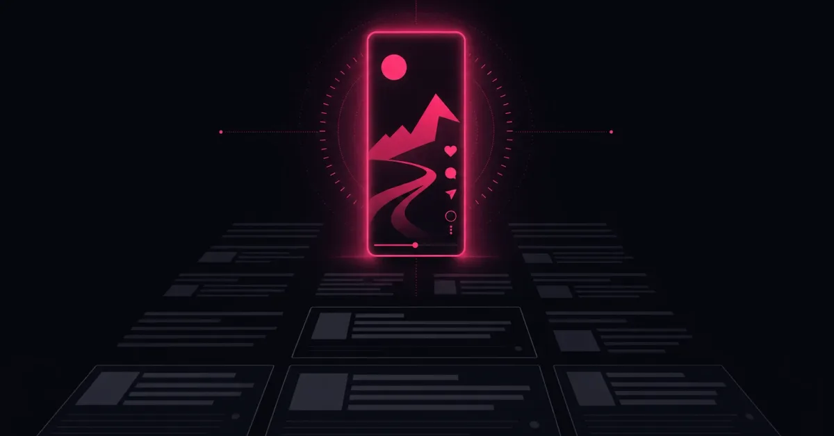 A glowing neon vertical video frame ringed by a measurement halo above dim grey web-article cards fading into the dark