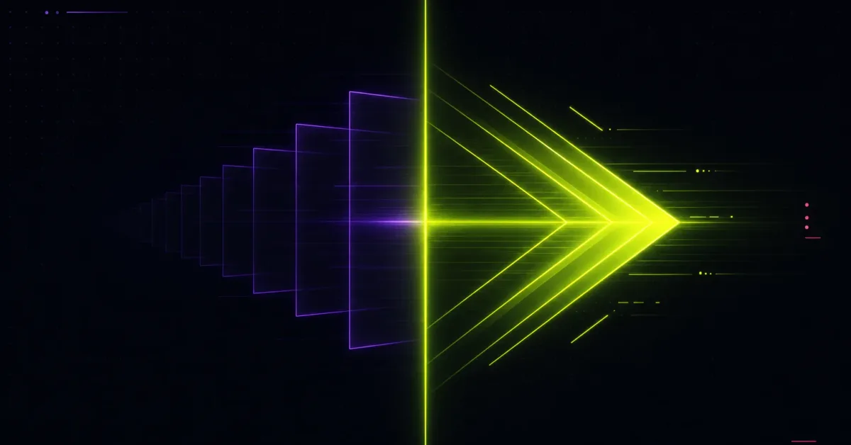 A glowing acid-lime forward arrow pushes right of a vertical divider as faint violet echo-frames recede to the left