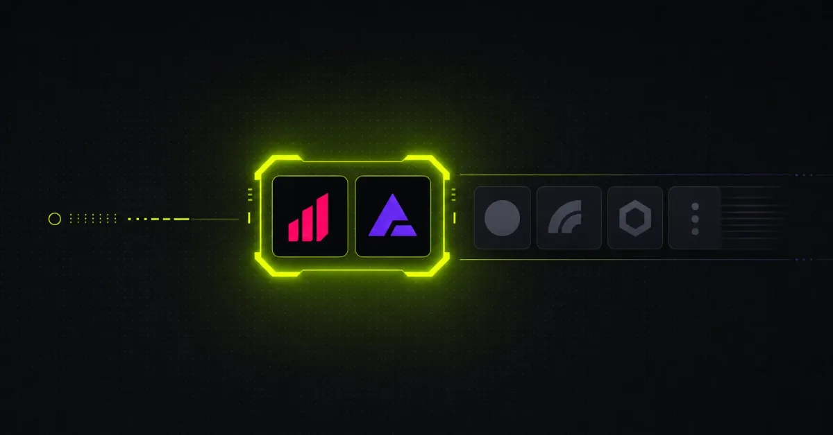 An acid-lime bracket holds two lit app tiles while four dimmed tool tiles fade away to the right on a near-black grid