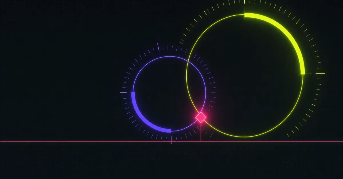 Two overlapping neon ring gauges in lime and violet meeting at a single glowing pink diamond marker