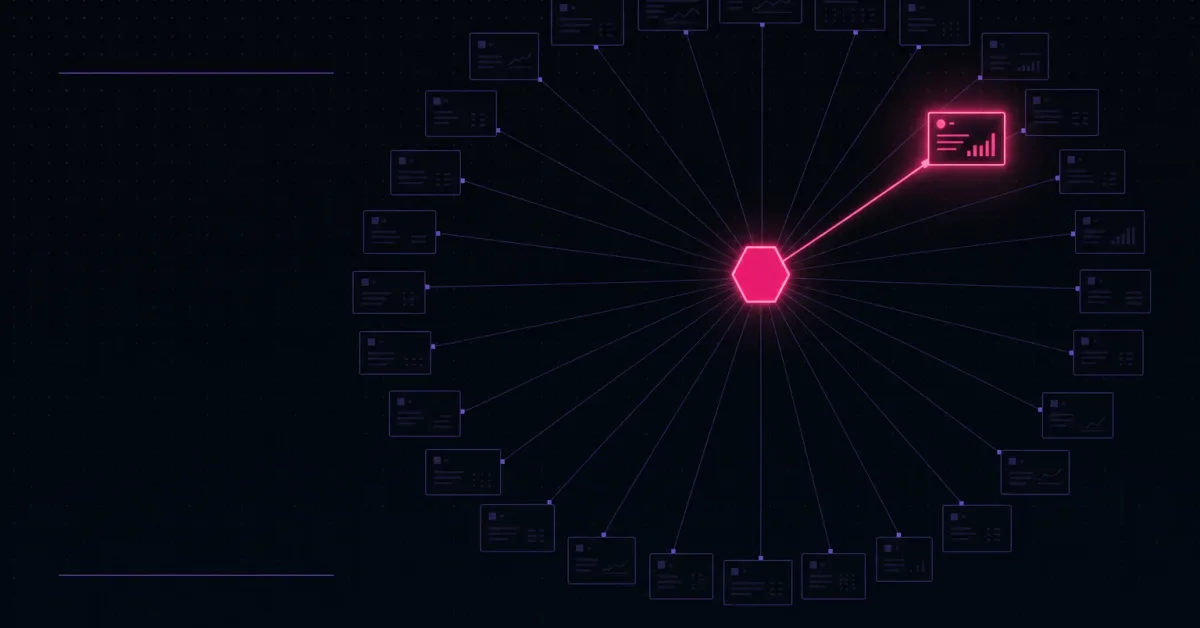 A pink hexagon node linked by thin lines to a ring of dim panels, with one panel on the upper right lit and alerting