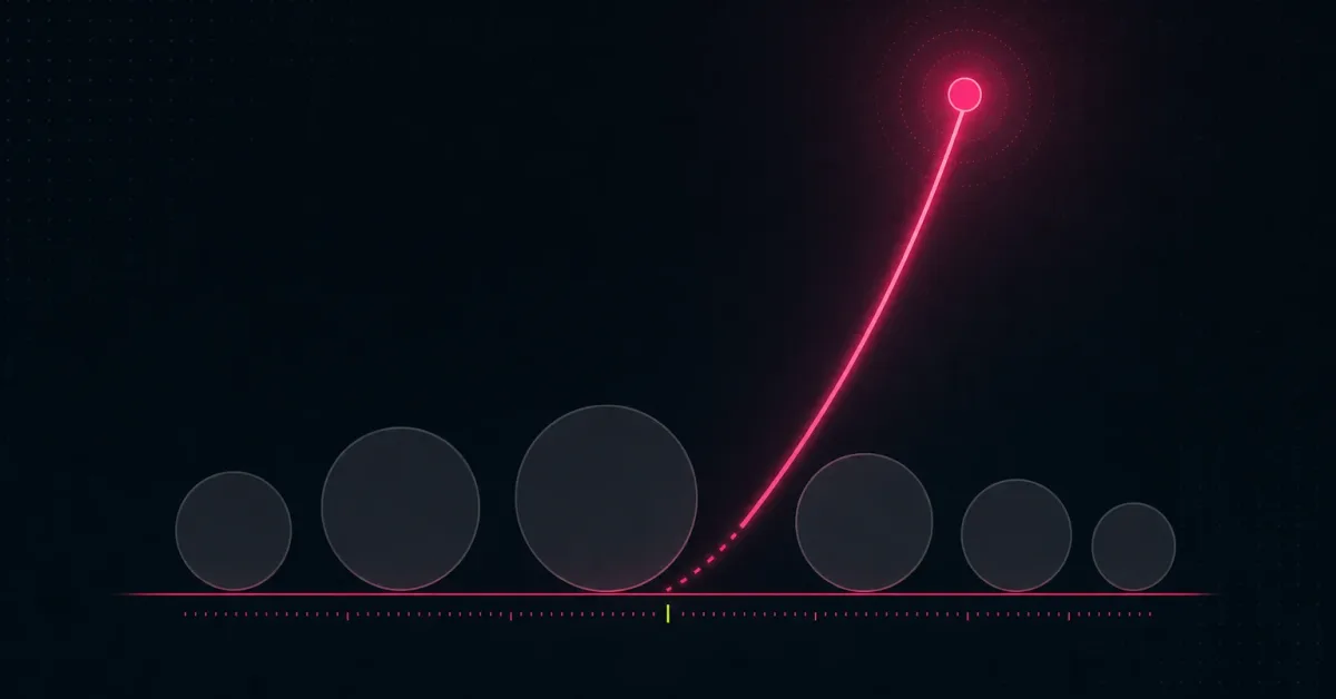 A small pink node arcs steeply above a flat baseline while a row of larger dim grey circles sits still on it