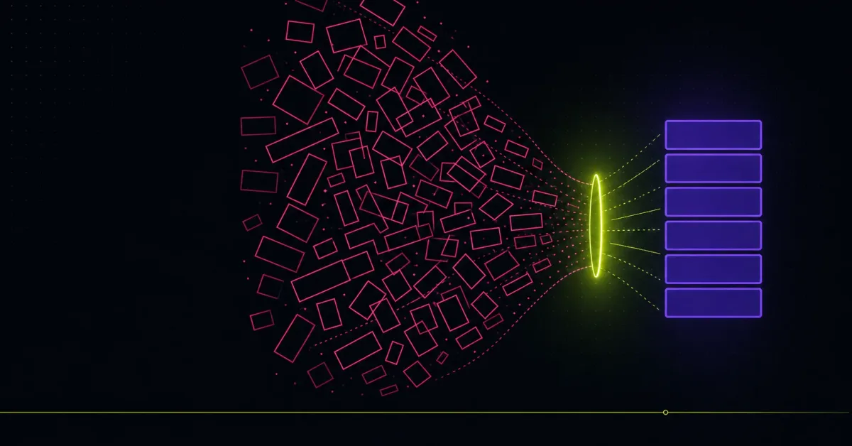 A scattered cloud of pink video frames funneling through a glowing lime aperture into a neat violet stack of cards