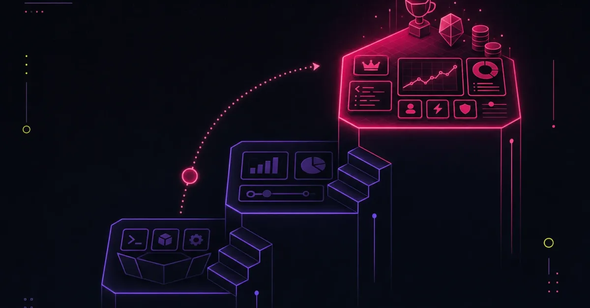 Three stepped platforms ascend left to right, lower ones violet with basic tools and the top lit hot pink with a dashboard