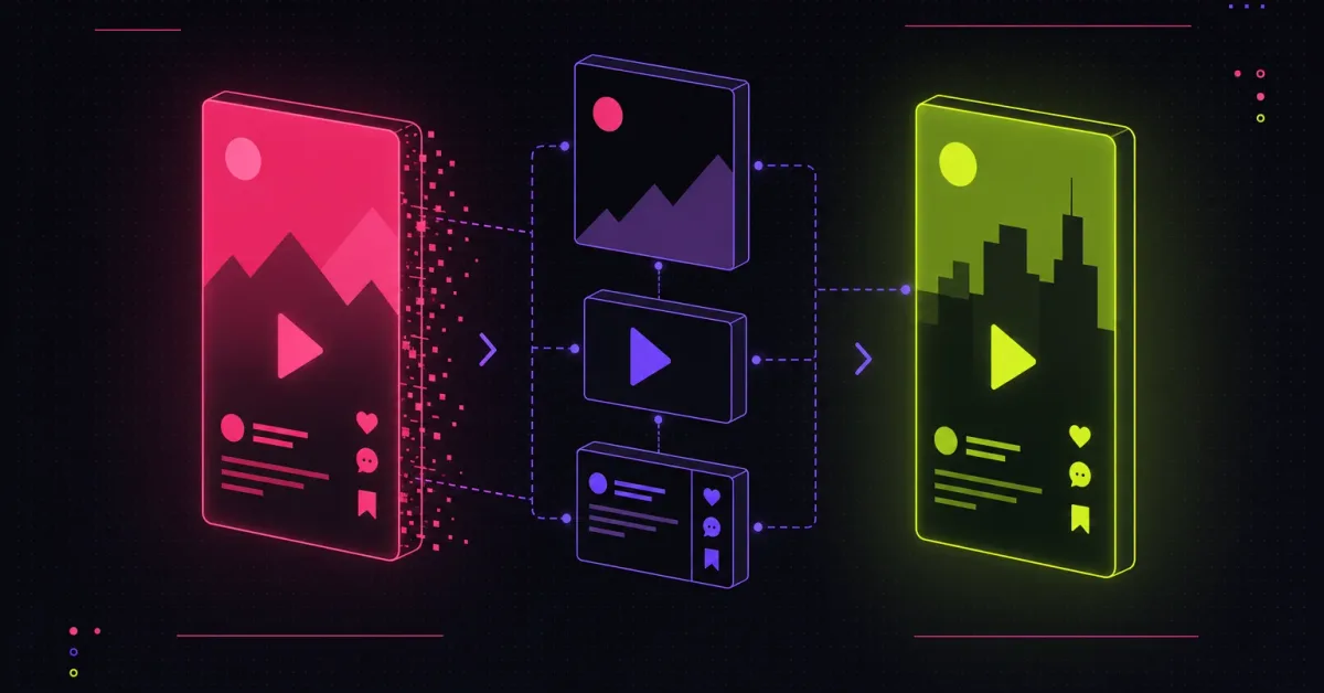 A pink video card dissolving into three violet structural blocks that reassemble into a lime card with a new subject