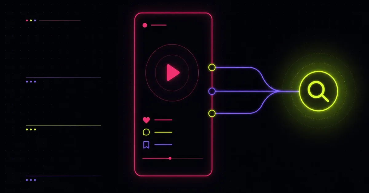 A neon vertical video frame with three violet signal lines converging into a glowing lime search magnifier