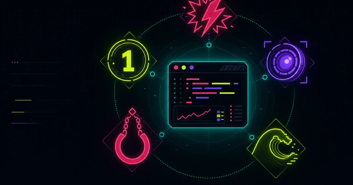 Five neon icons orbit a glowing teal terminal — pink lightning burst, number badge, violet lens, pink loop, and wave symbol