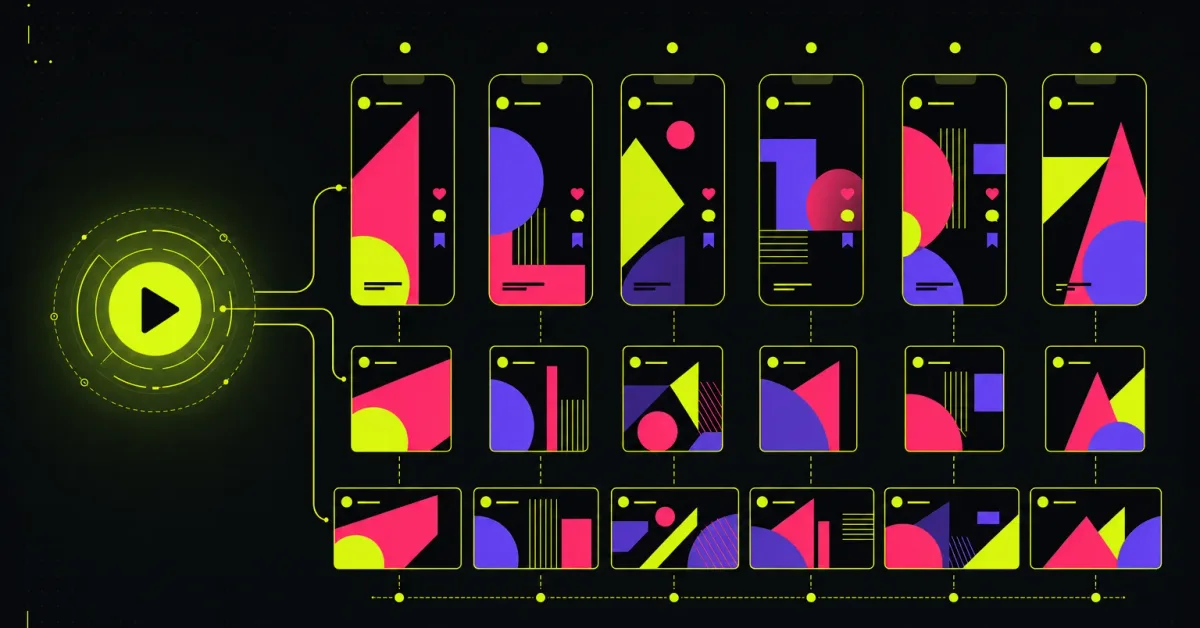 A single bright structure node on the left radiating into a row of distinct native post frames spanning a week across platforms