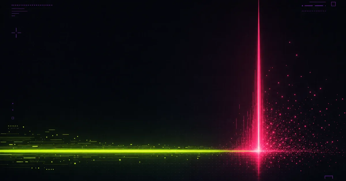 A tall hot-pink light spike bursts and scatters into fading embers beside a long steady acid-lime horizontal trail